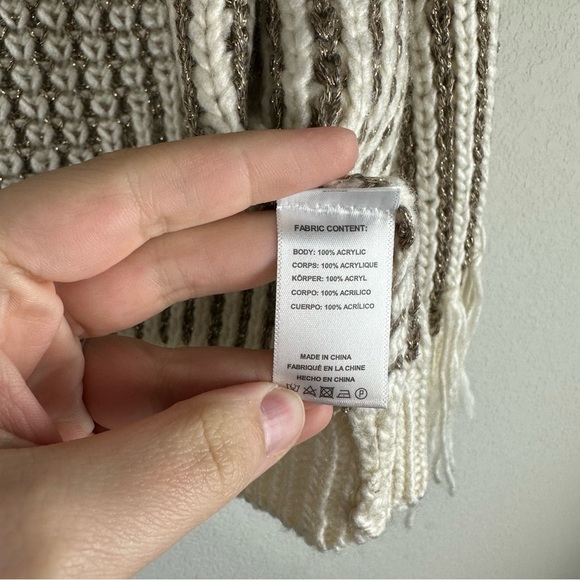 Anthropologie Gold White Striped Knit Fringe Short Sleeve Open Cardigan One Size - Picture 6 of 7